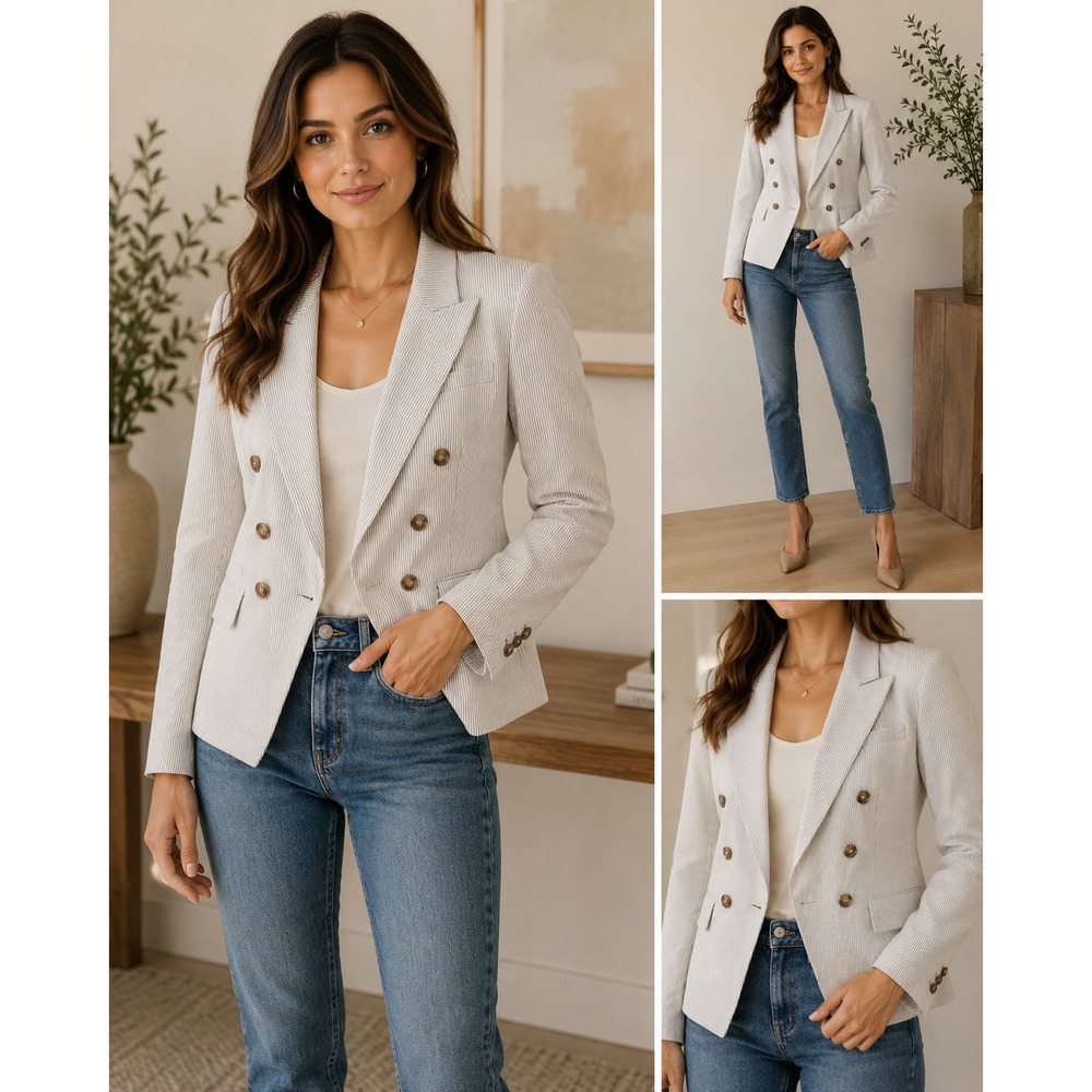 Joie Blazer Women's Small Pinstripe Double Breasted Striped Jacket Beige Gray